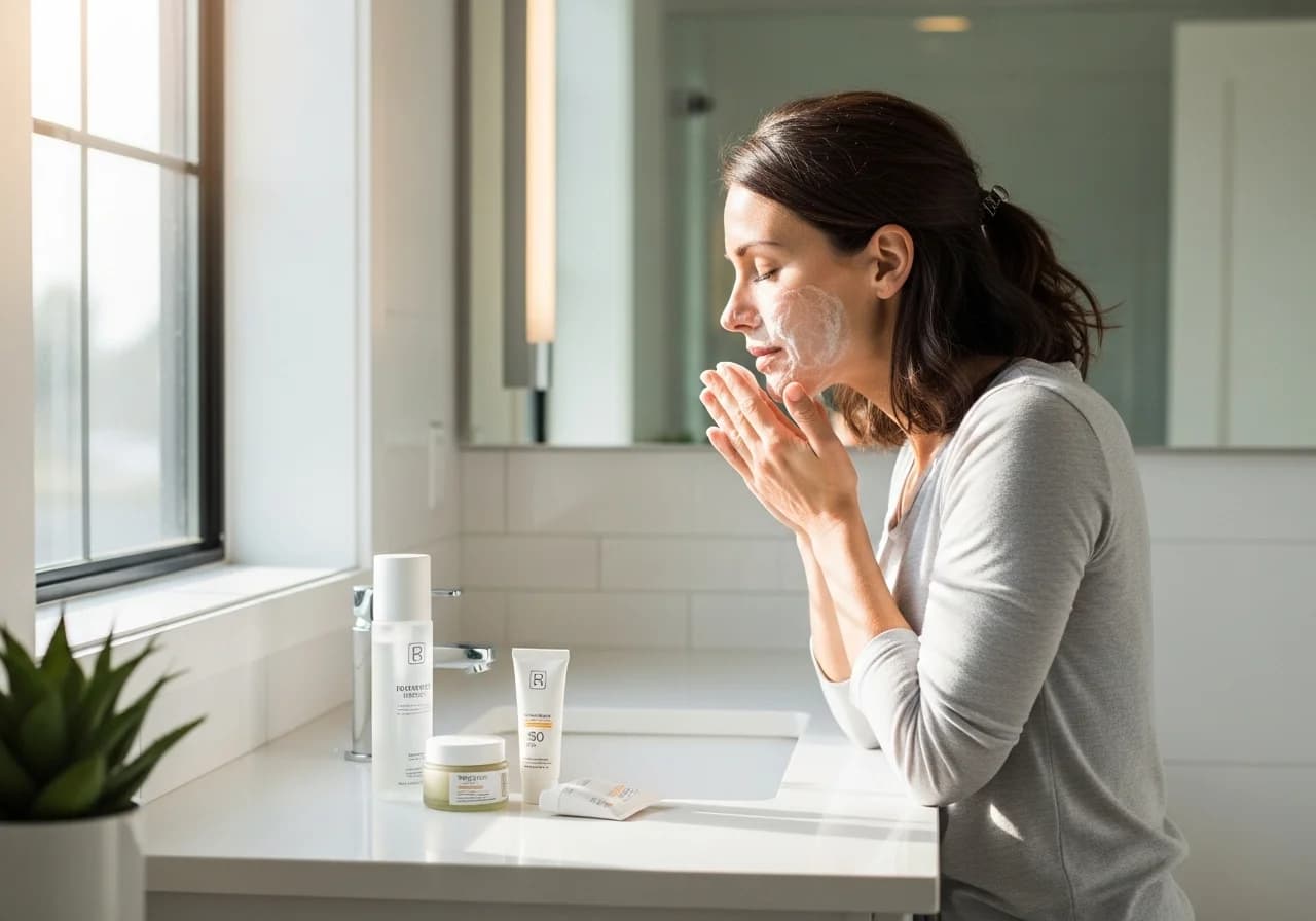 Woman cleansing her face in the morning with toner, moisturizer, and sunscreen on the counter.