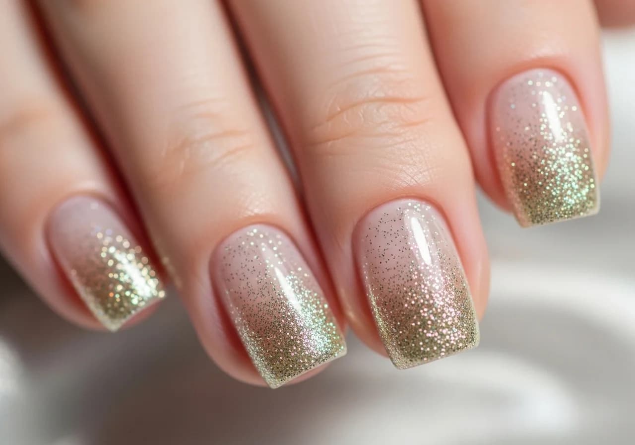 Short nails with glitter gradient tips for a subtle, sparkly nail look.