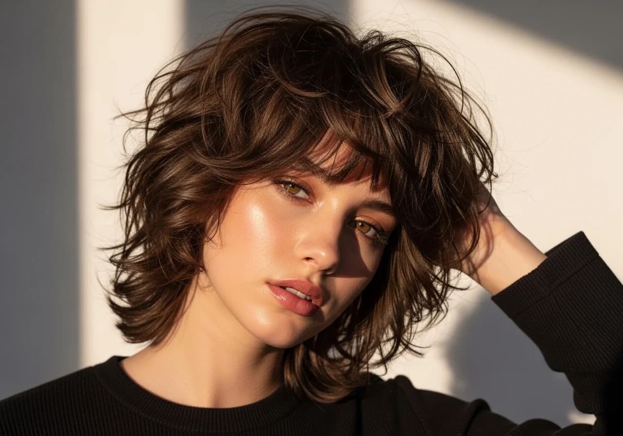 Woman with a textured shag haircut, tousled waves, and voluminous layers, showcasing an edgy short hairstyle.