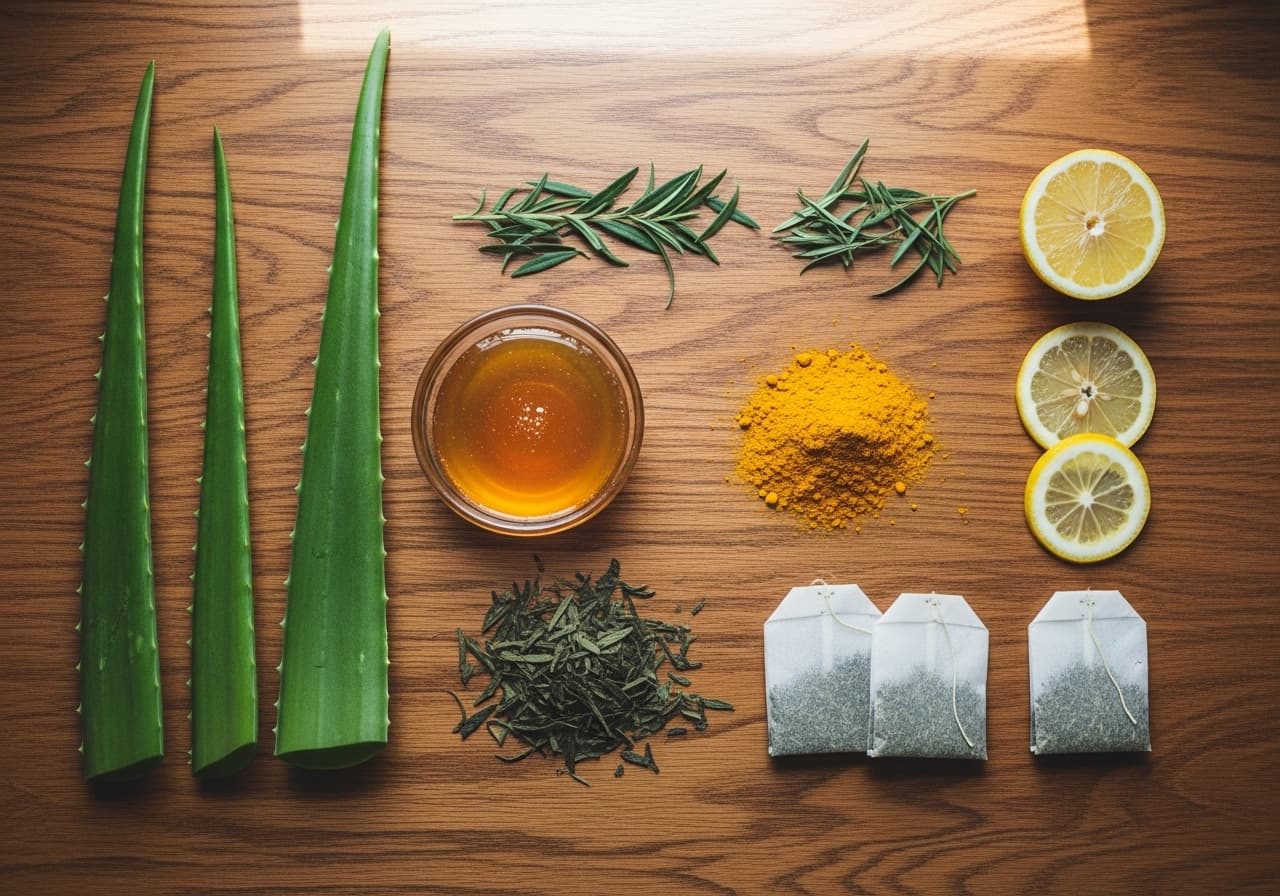 Flat lay photo of aloe vera, honey, turmeric, tea tree leaves, and other natural ingredients used for acne remedies.