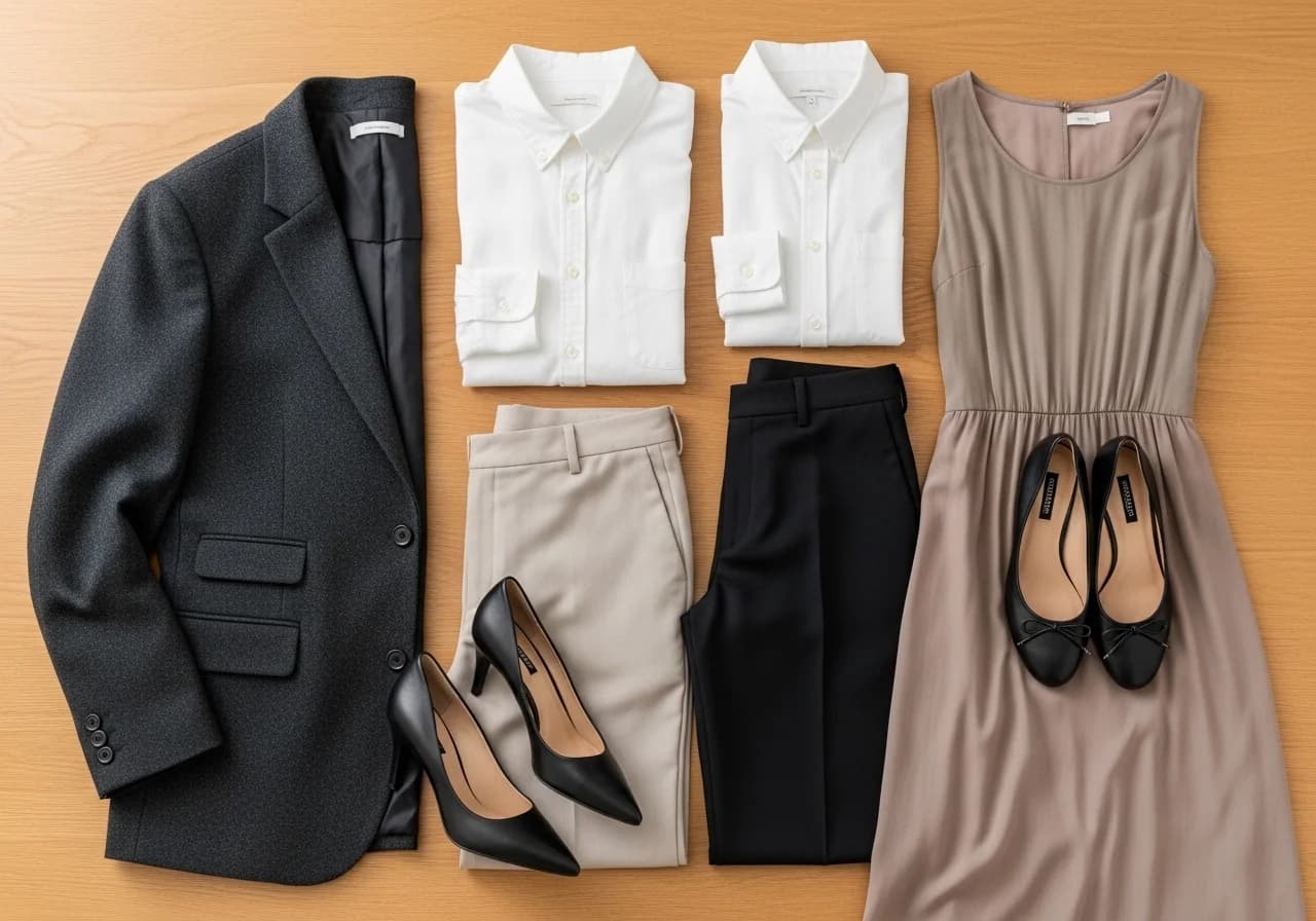 Flat lay of essential classy wardrobe pieces including a blazer, white shirt, neutral trousers, midi dress, and elegant shoes for timeless style.