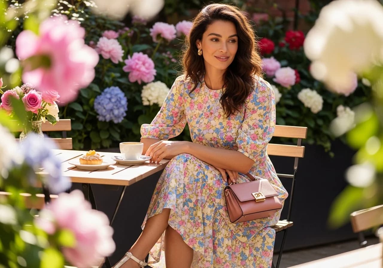 Woman wearing a floral midi dress and sandals at an outdoor café, showcasing a chic and elegant spring outfit for brunch or a date.