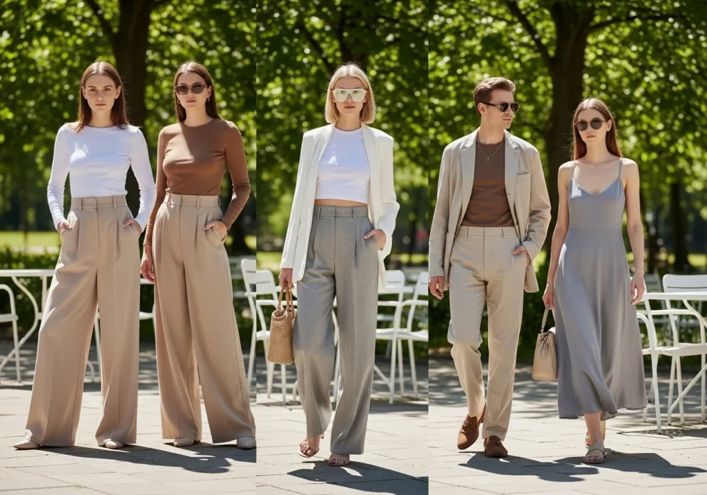 Trendy casual spring outfits for 2026, including wide-leg pants, minimal outfits, and neutral-toned dresses, styled for a chic and effortless spring look.