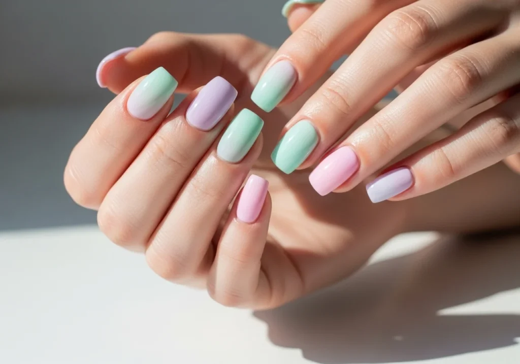 Close-up of hands with soft pastel ombré nails in lavender, mint green, and baby pink, featuring a dreamy gradient effect, perfect for a spring look.