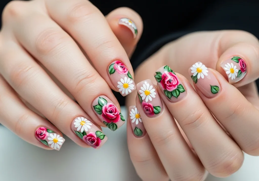 Hands showcasing floral nail art with daisies and roses on a nude or light pink base, some nails fully floral, others with accent flowers, perfect for spring.