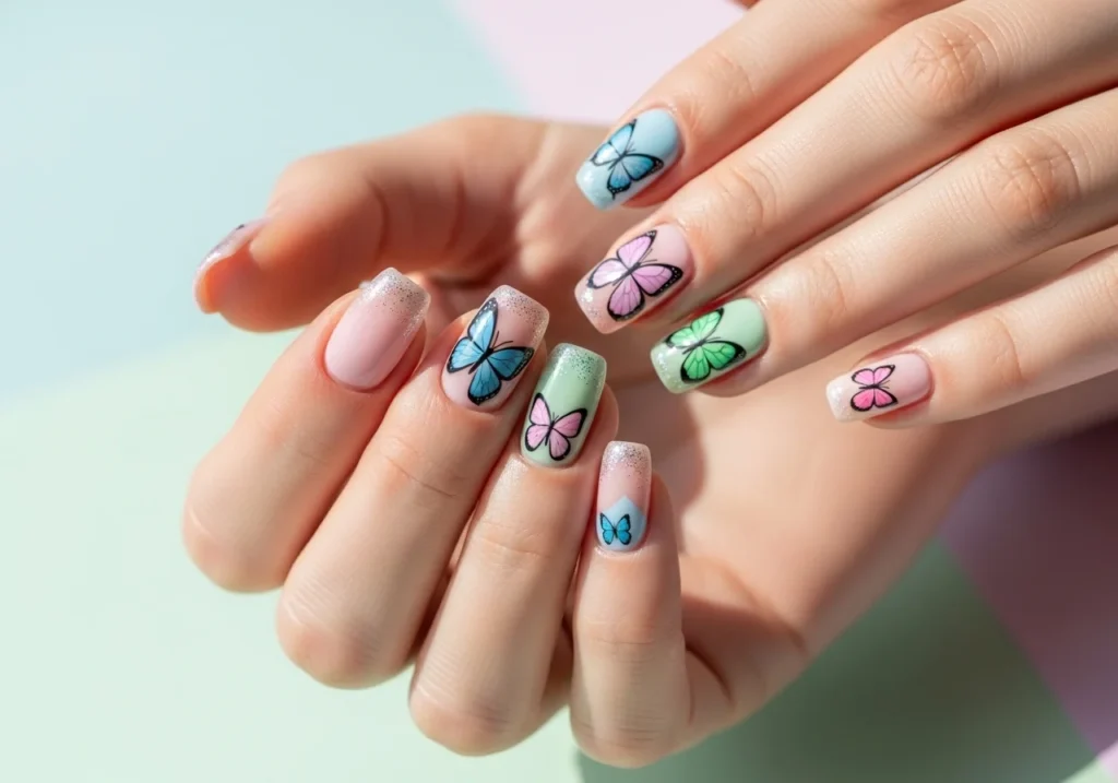 Hands showing pastel butterfly nail art with delicate butterflies, subtle glitter, and negative space designs for a modern spring look.