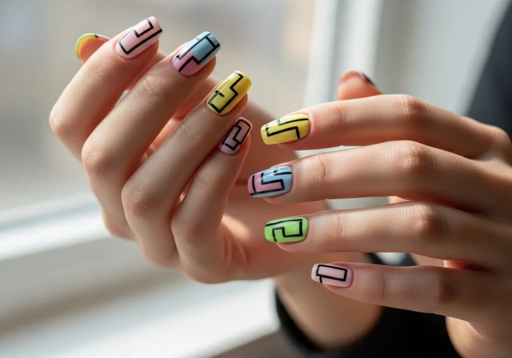 Hands with abstract nail art featuring bold lines, geometric shapes, and pastel vibrant colors, creating a playful and trendy spring look.