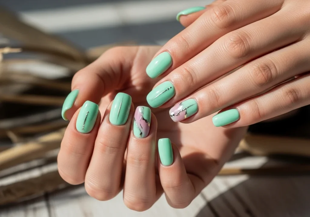 Hands showing mint green nails, some fully painted and some mixed with pastel shades, with gold or silver accents, perfect for spring.