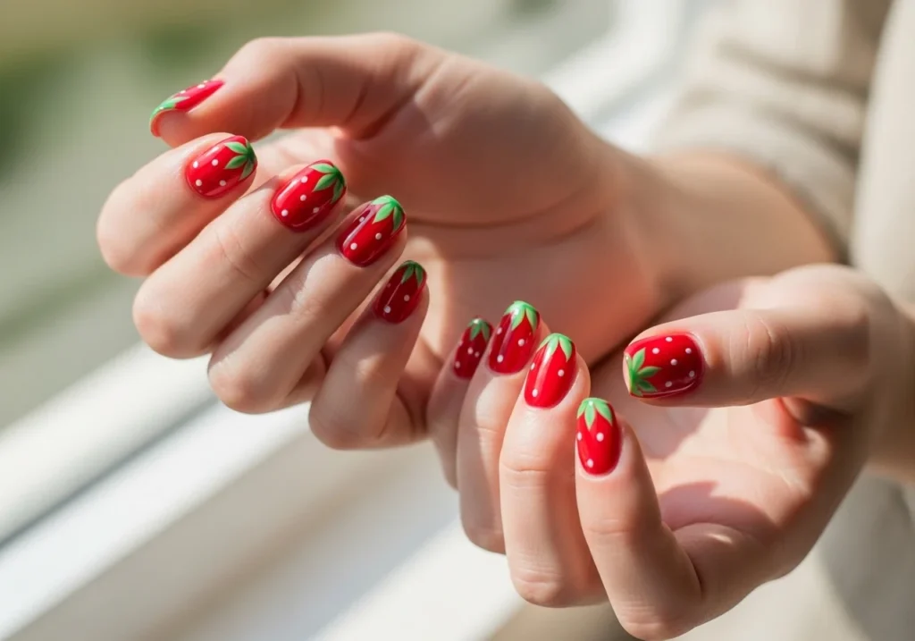 Hands showing strawberry-inspired nails with red bases and green leaf accents, creating a fun and sweet spring/summer look.