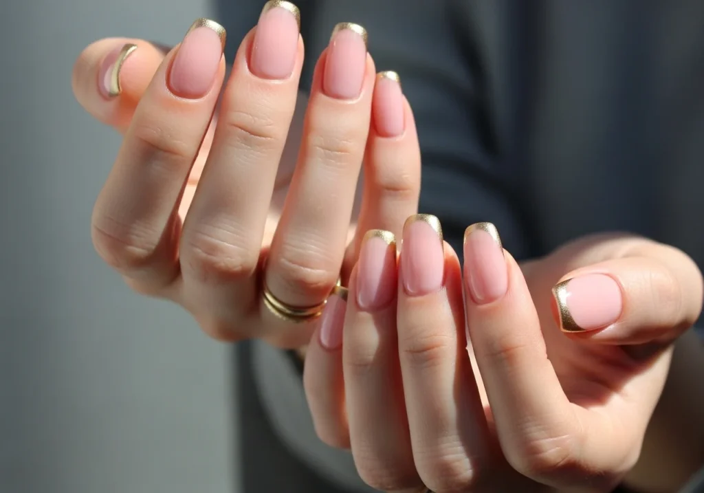 Hands showing soft pink French tip nails with thin gold accents, creating an elegant and airy spring look.