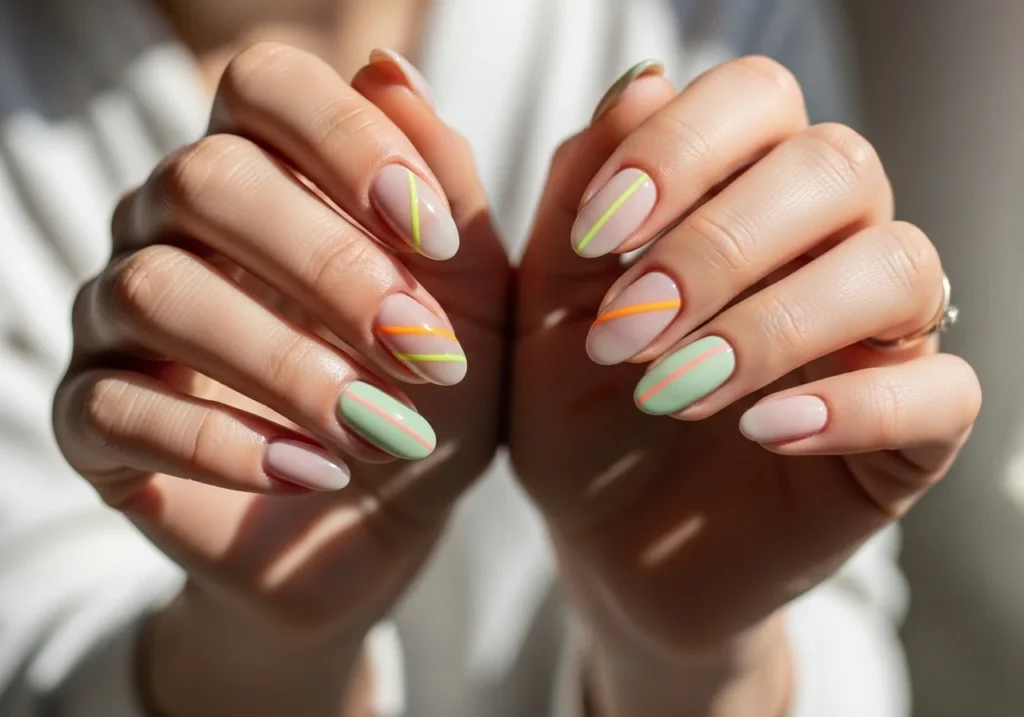 Hands with spring nails featuring subtle neon accents on neutral pastel bases, creating a fun and trendy look.