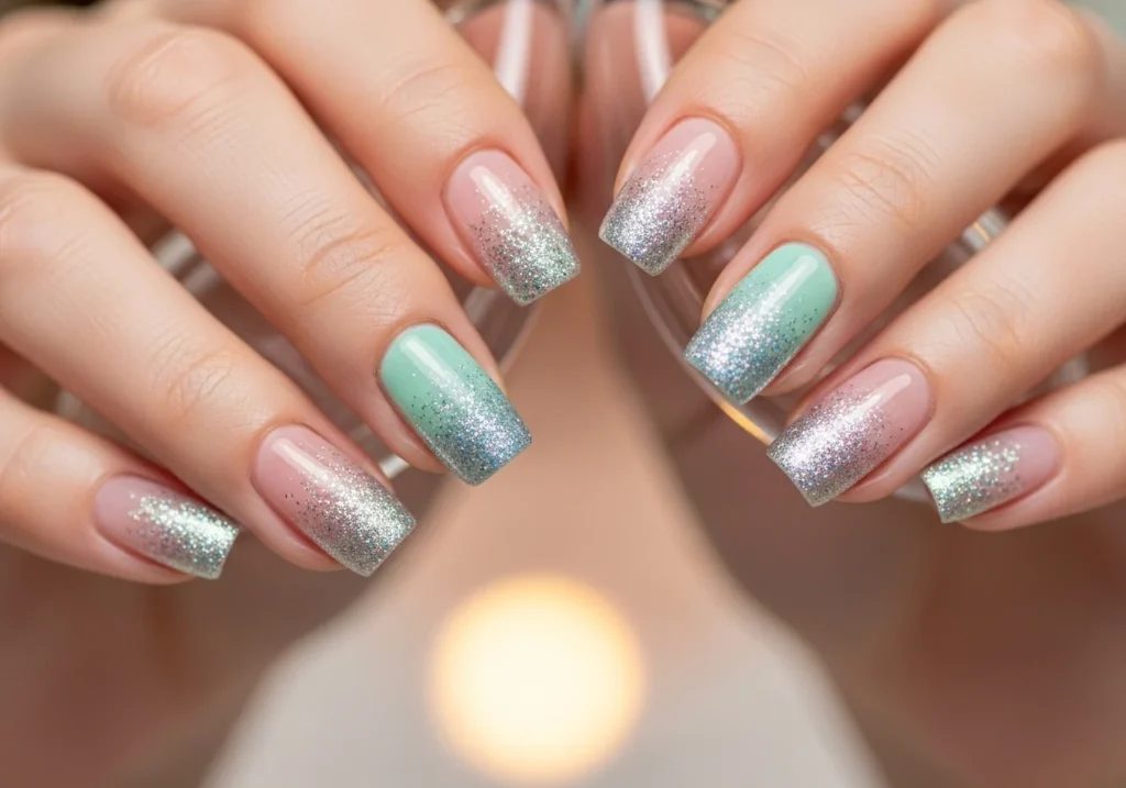 Hands showing glitter gradient nails with pastel bases fading into silver or holographic glitter tips, perfect for a sparkling spring look.