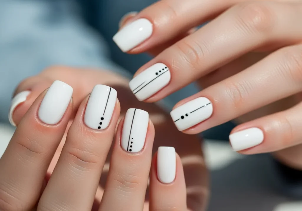 Elegant hands displaying minimalist white nails with subtle black lines and dots, styled in a high-fashion editorial spring look.