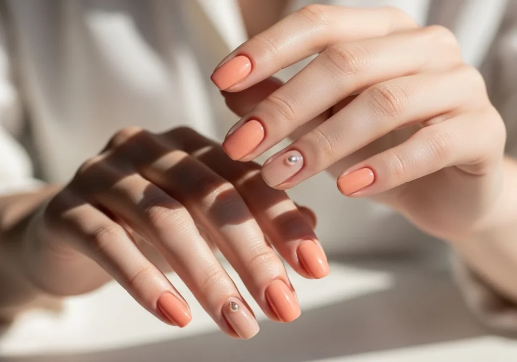 Elegant hands displaying peachy nude nails with a soft polished finish and a delicate pearl or gem accent on the ring finger, styled in a high-fashion editorial spring look.