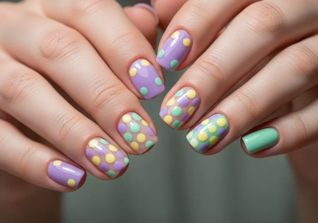 Hands showing playful colorful dot nail designs in lavender, pastel yellow, and mint green, styled in a high-fashion editorial spring look.