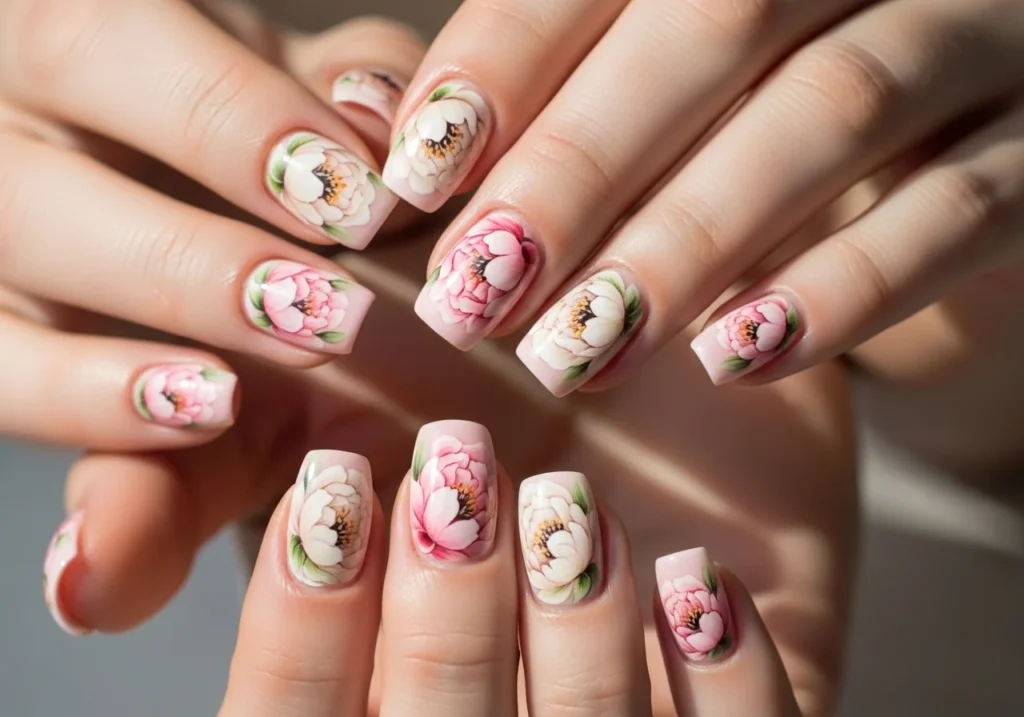 Hands displaying peony floral nails on a light pink or peach base with large, soft pastel flowers, styled in a high-fashion editorial spring look.