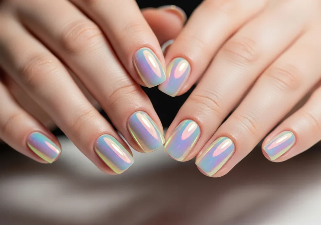 Hands showing iridescent nails with a holographic, color-shifting effect in soft pastel tones, styled in a high-fashion editorial spring look.