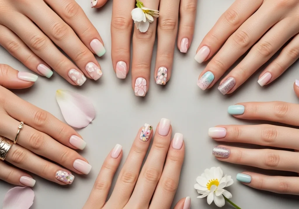 Flatlay of hands displaying various spring nail designs including pastel ombré, floral, abstract, glitter gradient, minimalist, and iridescent styles, styled in a high-fashion editorial spring look.