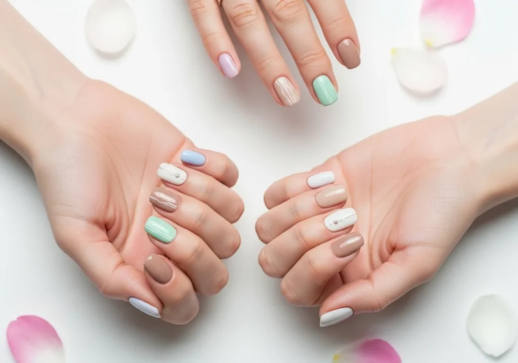 Hands with short trendy nails in pastel, minimalist, and neutral designs, arranged on a white background with flower petals for a spring 2026 beauty blog.
