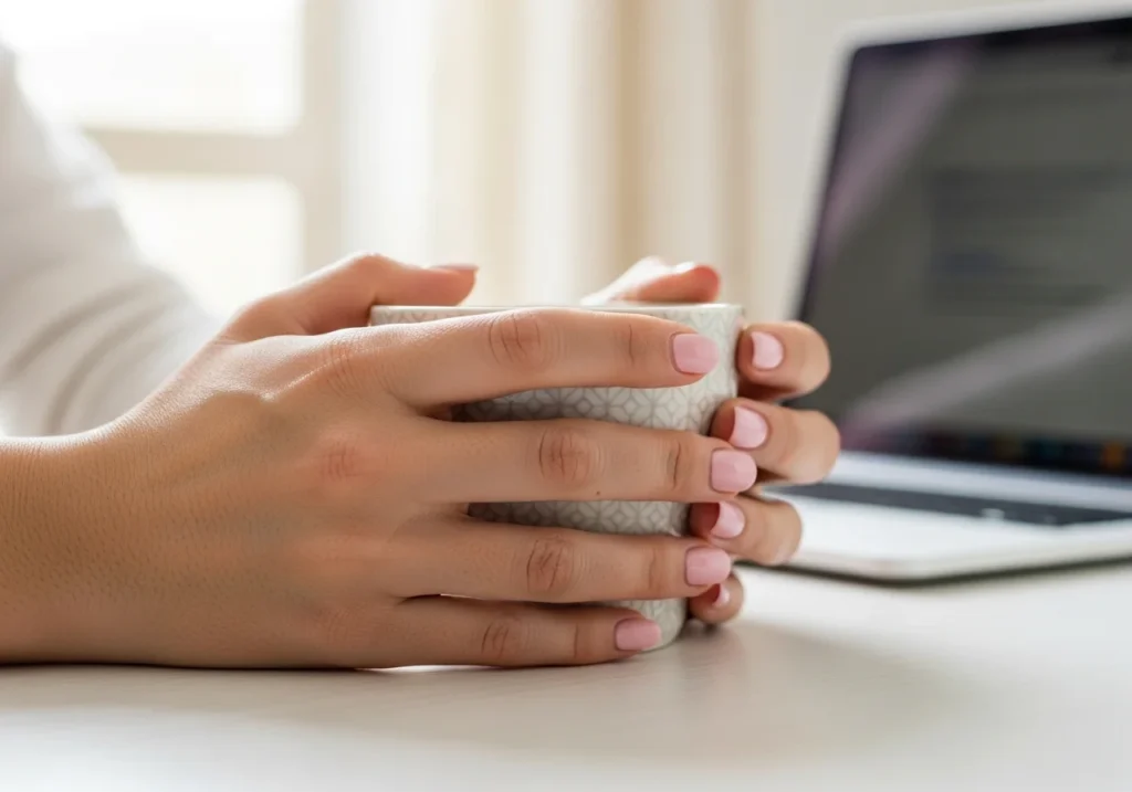 Woman’s hands with short, neatly manicured nails in neutral or pastel colors while doing everyday tasks, showing why short nails are trendy in 2026.