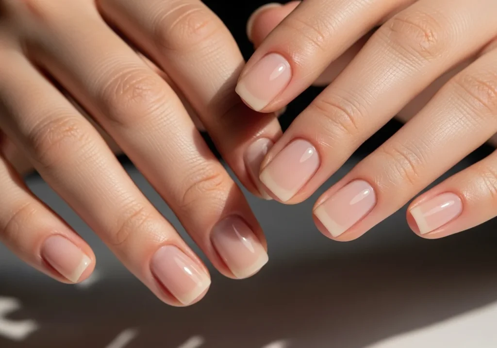 Close-up of short milky nude nails with a soft creamy finish, captured in natural light for a clean girl aesthetic.