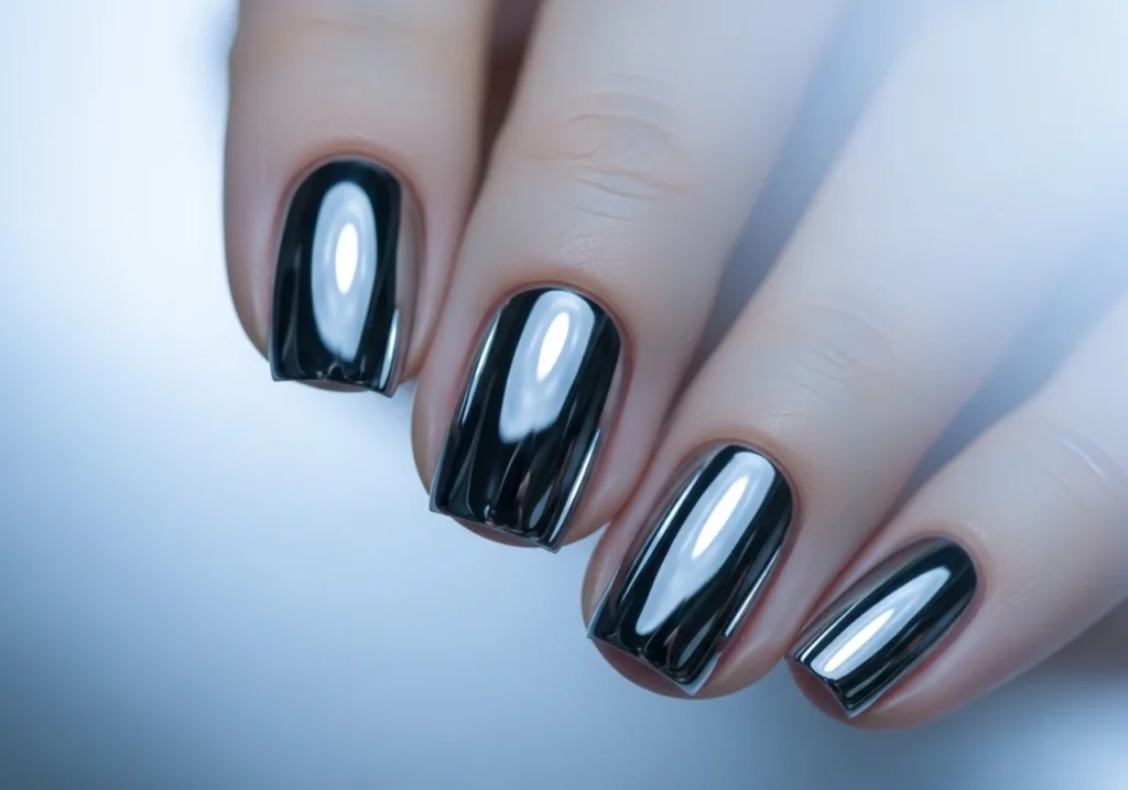 Close-up of short chrome nails with a reflective metallic finish under cool studio lighting.