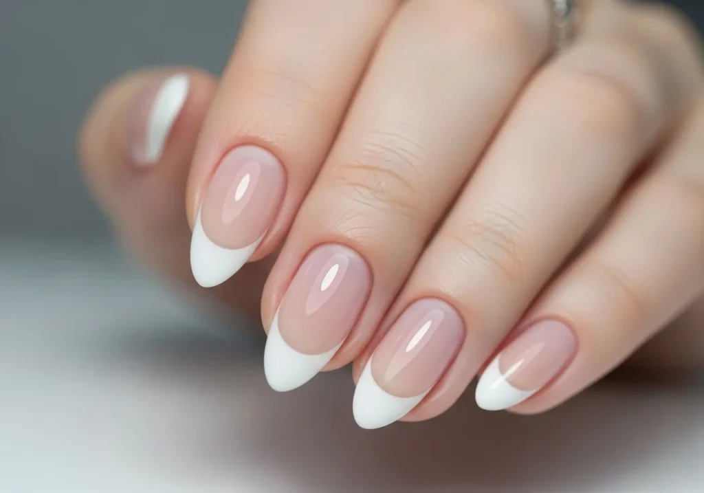 Short nails with fine white micro French tips in a minimal, clean close-up shot.
