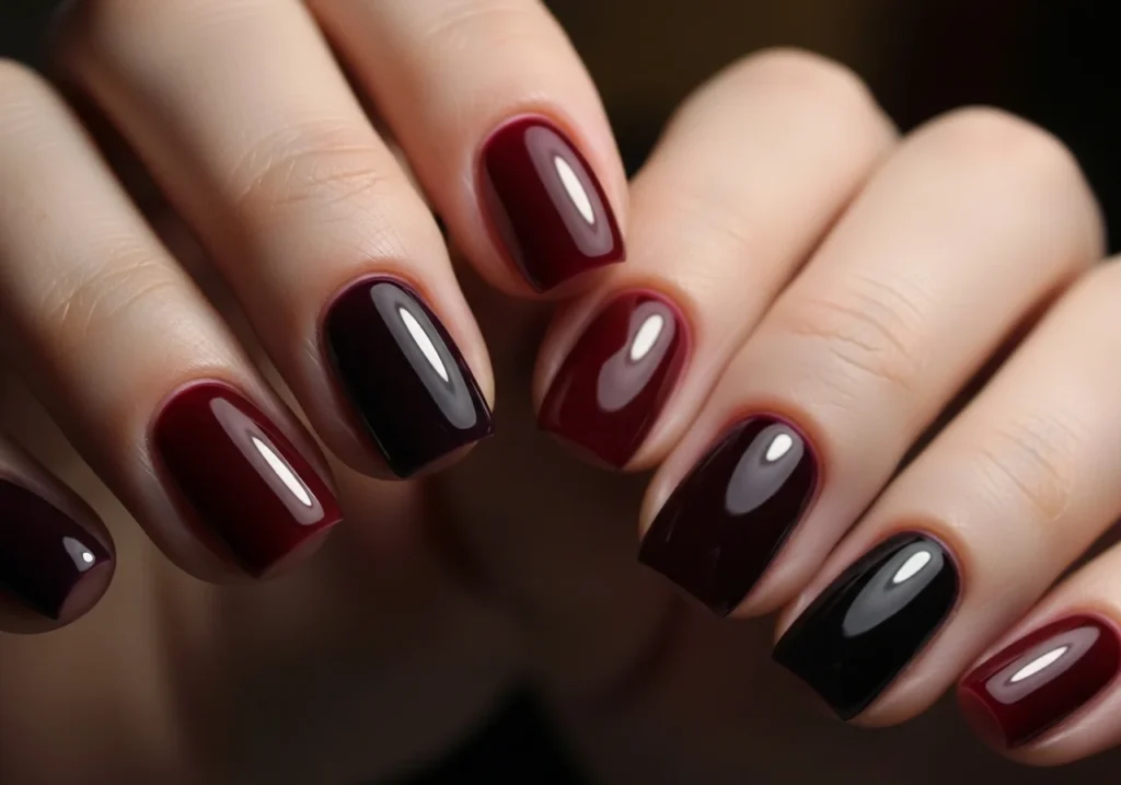 Short glossy nails in deep berry red and plum shades.