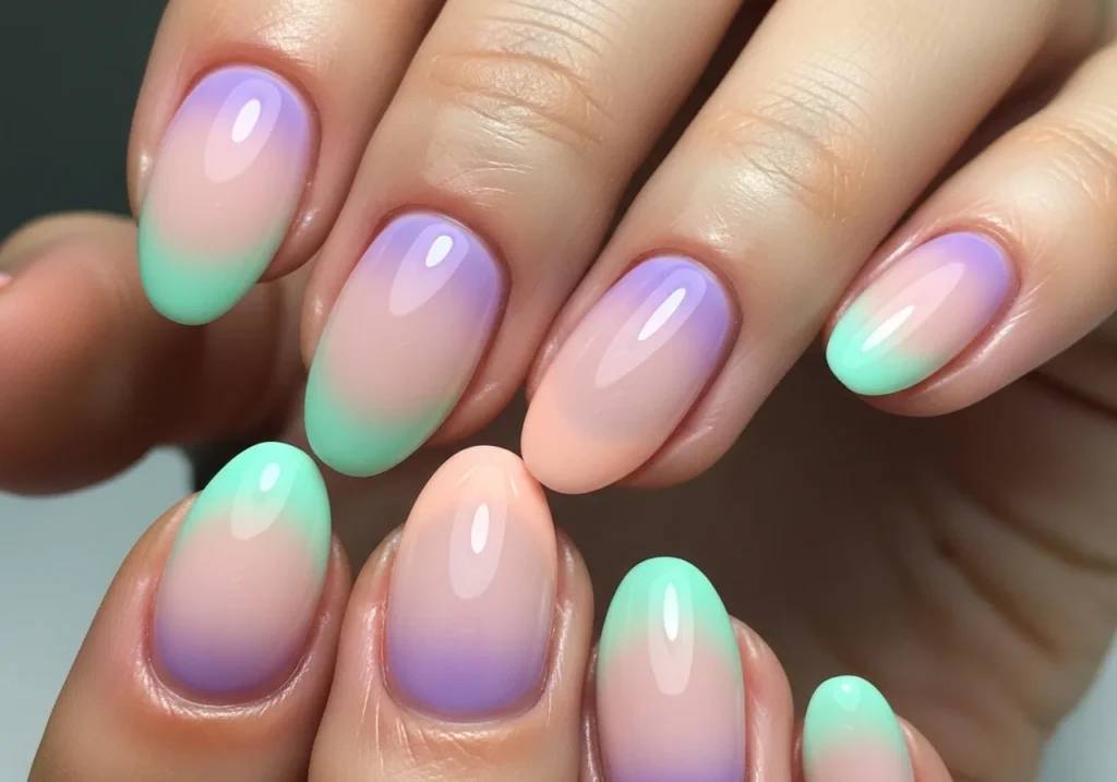 Short nails with a soft aura gradient blend in pastel tones.