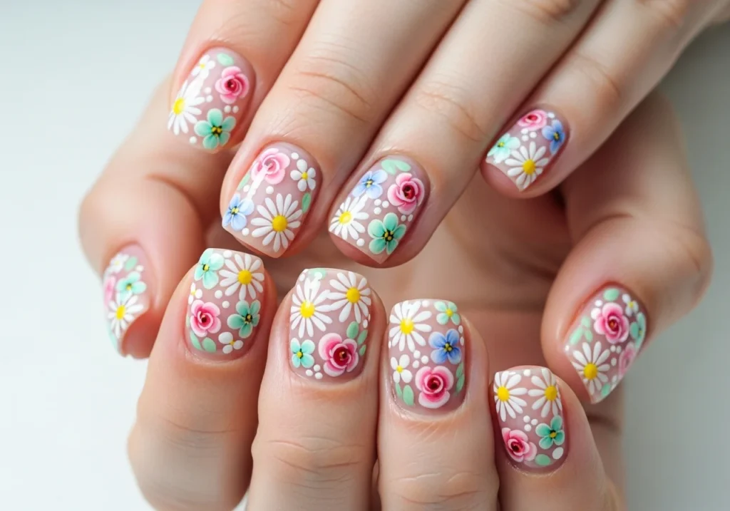 Short nails decorated with small hand-painted floral designs.