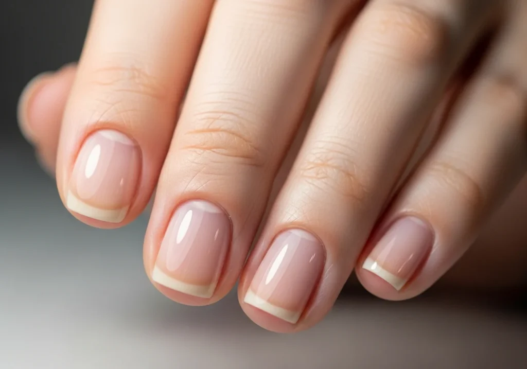 Short natural nails with a shiny clear gloss finish.