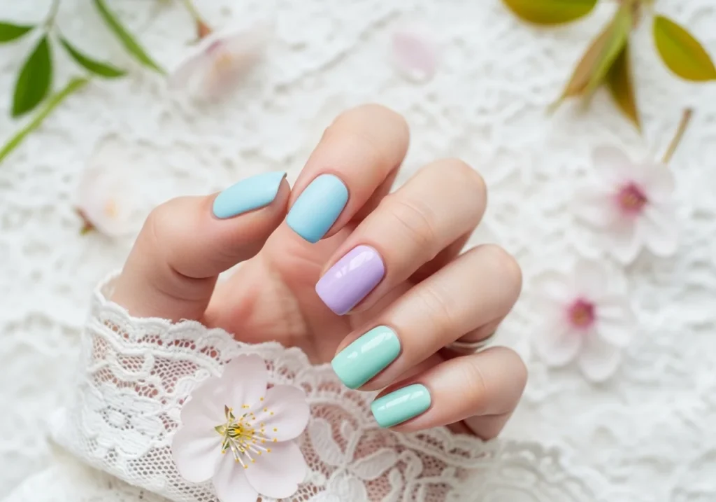 Short nails painted in soft pastel colors like blue, lavender, and mint.