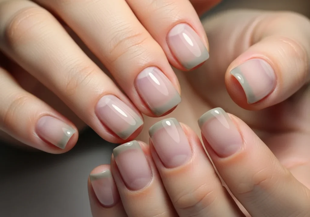 Short nails with a sheer grey translucent polish.