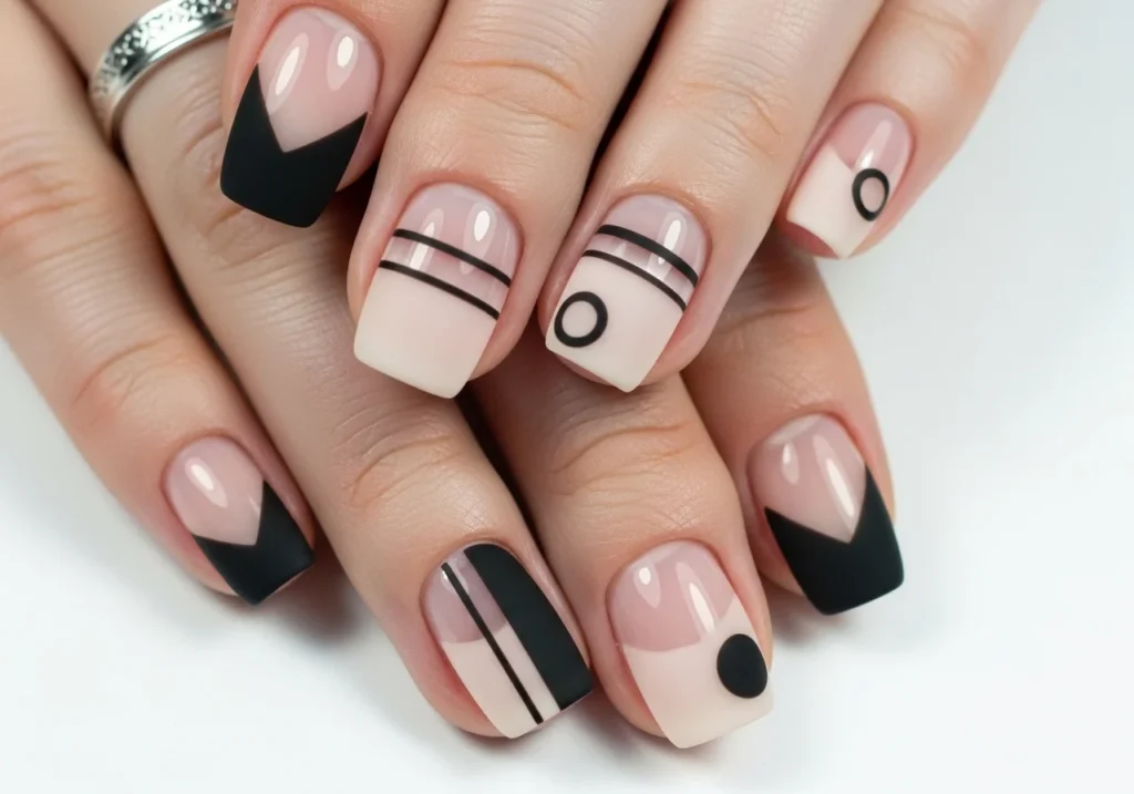 Short nails with geometric negative space nail art.