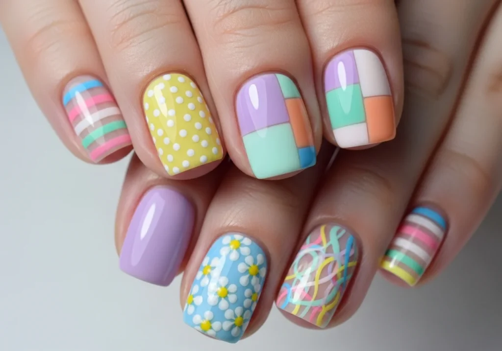 Short nails with different mix-and-match designs on each nail.