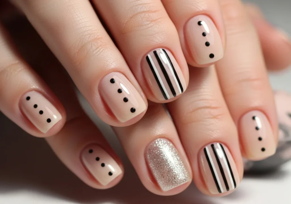 Short nails showing minimal dot design, striped nail art, and glitter accent nails in a soft, clean aesthetic.