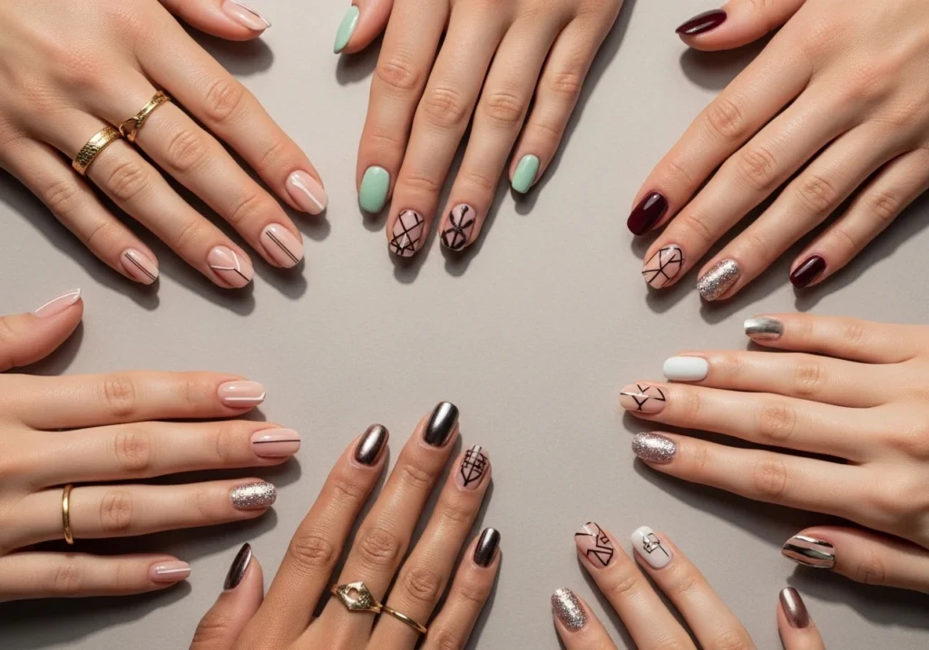 Flatlay of hands displaying various trendy short nail designs for 2026, styled on a neutral background with soft natural lighting.