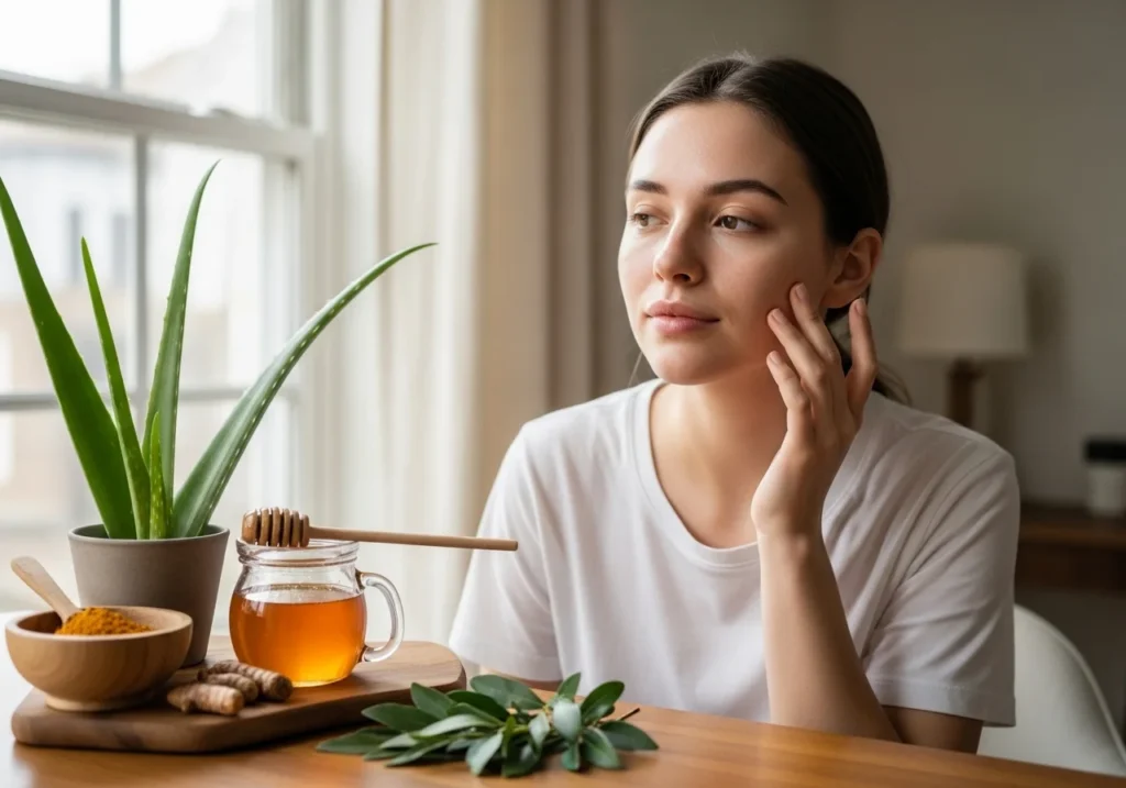 photo of a woman with natural skin sitting by a window with aloe, honey, turmeric, and tea tree leaves used for natural acne remedies.