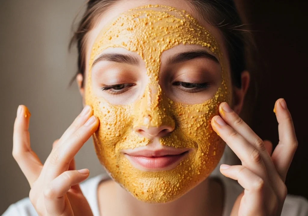 Woman applying a DIY face mask made of honey, turmeric, and aloe vera to treat acne, in natural light at home.