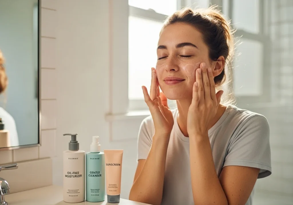 Woman applying gentle skincare products for acne-prone skin at home, including cleanser, moisturizer, and sunscreen, in natural daylight.
