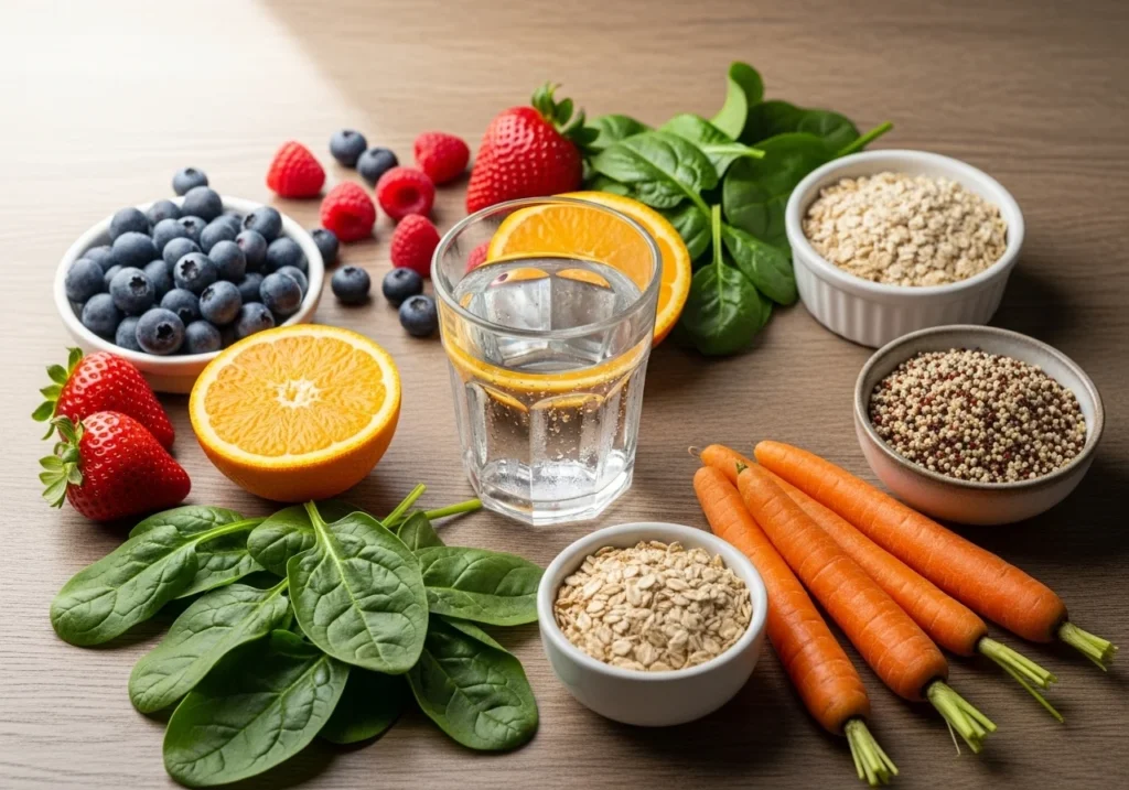 Flat lay of healthy fruits, vegetables, water, and whole grains that help reduce acne and promote clear skin.