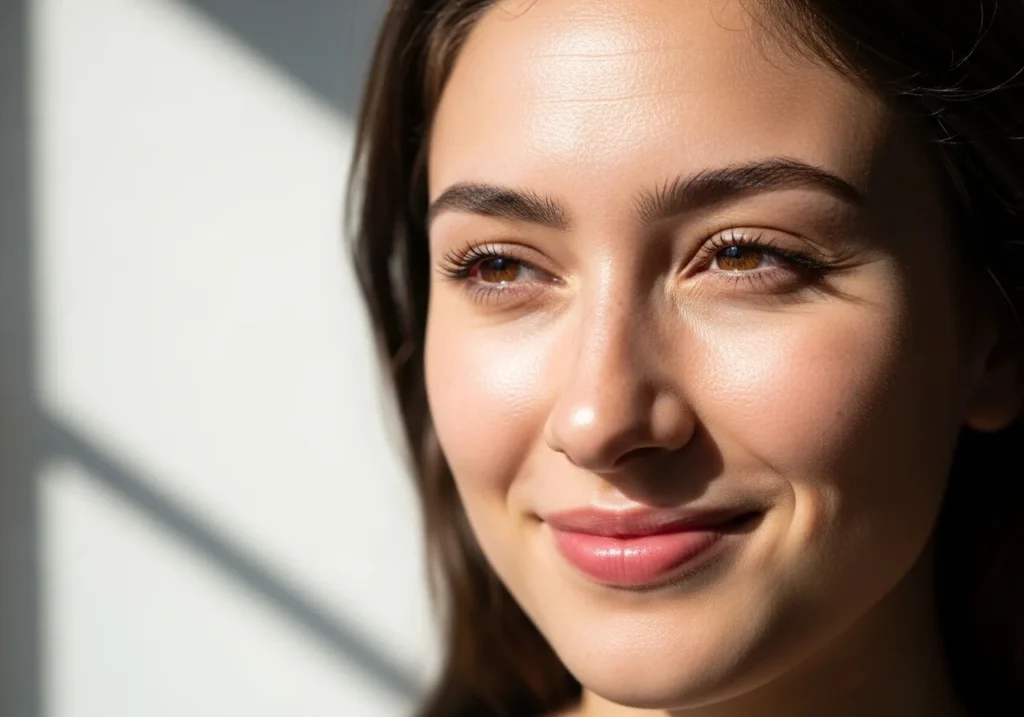 Close-up of a smiling woman with naturally clear, glowing skin in soft daylight.