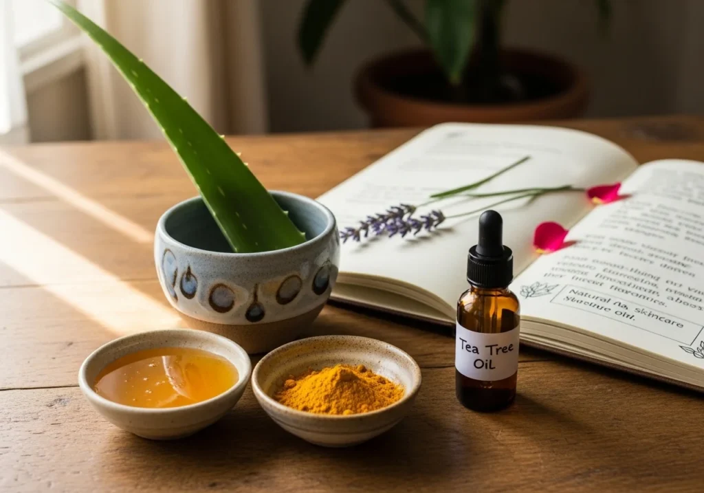 Table with aloe vera, honey, turmeric, and tea tree oil next to handwritten notes answering FAQs about natural acne remedies.