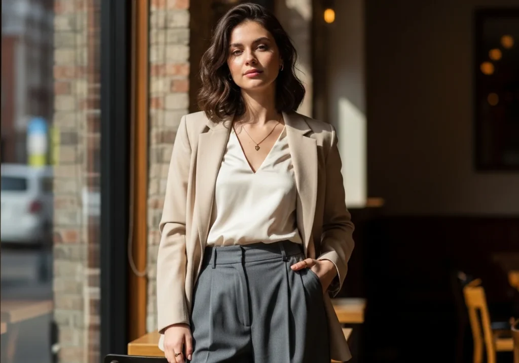 Stylish woman wearing a chic blazer and skirt combination, demonstrating a classy, timeless outfit for everyday occasions.