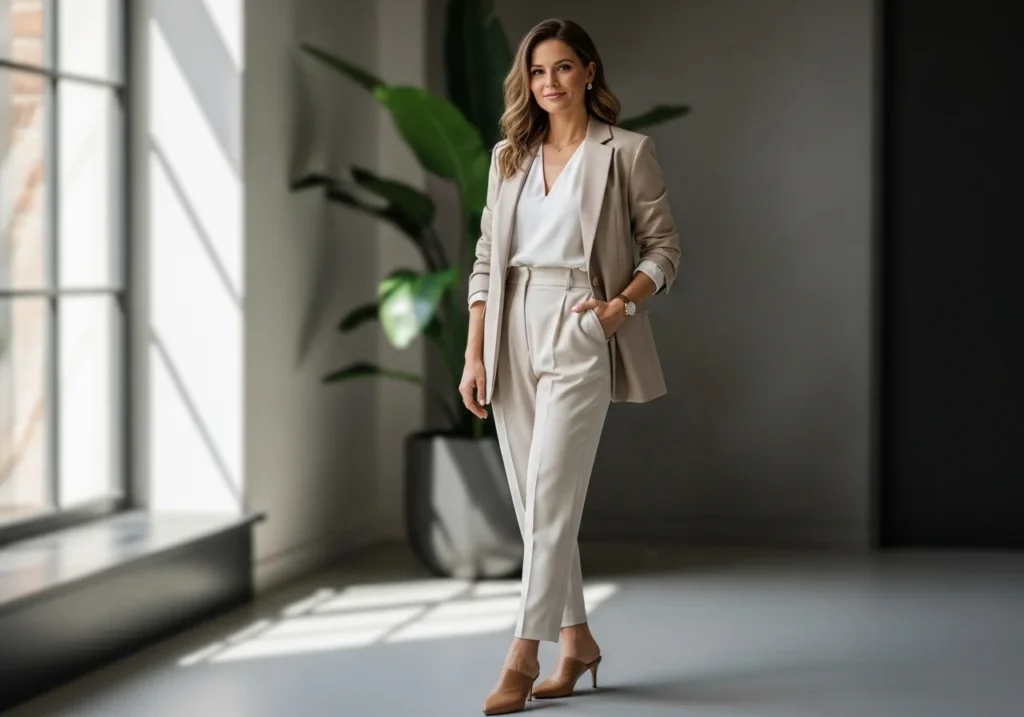 Woman wearing a simple, elegant outfit with a blazer and skirt, representing a classy and timeless style.