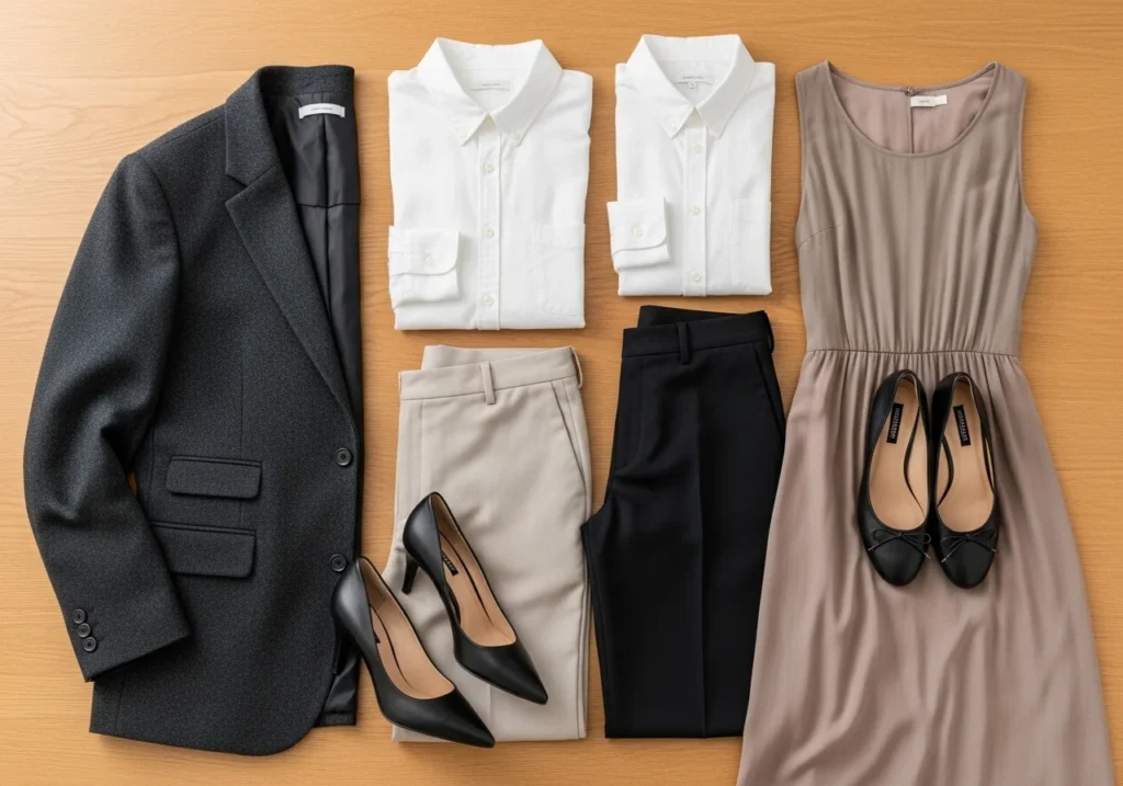 Flat lay of essential classy wardrobe pieces including a blazer, white shirt, neutral trousers, midi dress, and elegant shoes for timeless style.