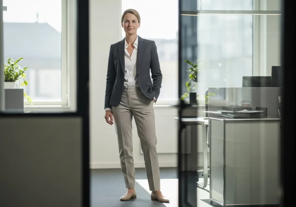 Woman wearing a tailored blazer, white shirt, and neutral trousers with pumps, showcasing a classy office outfit.