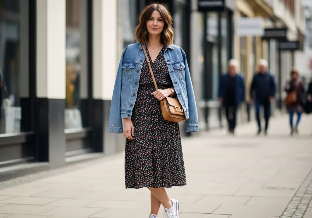 Woman wearing a midi dress with a denim jacket and flats, showcasing a casual but classy outfit.