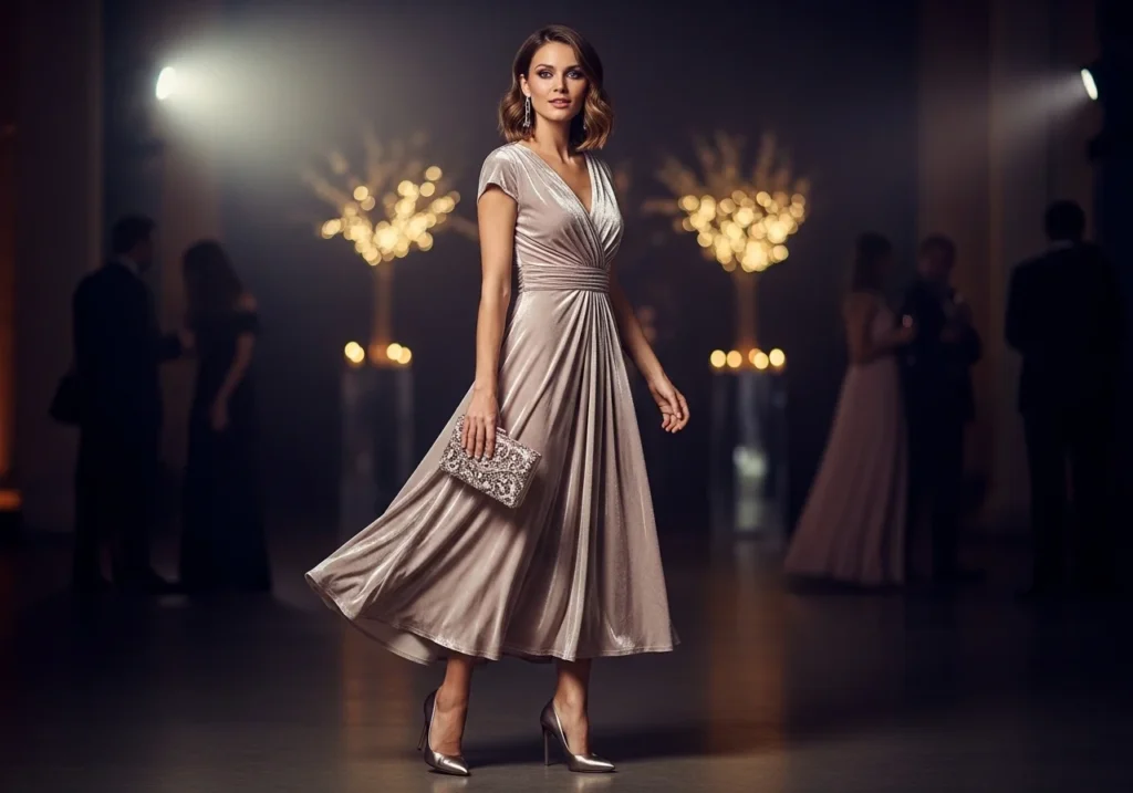 Woman in a neutral-tone velvet or satin dress with heels and clutch, styled elegantly for a party.