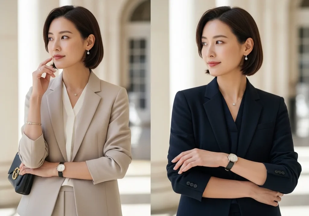 Woman wearing a neutral-toned, well-fitted outfit with minimal accessories, demonstrating how to style a classy and timeless look.